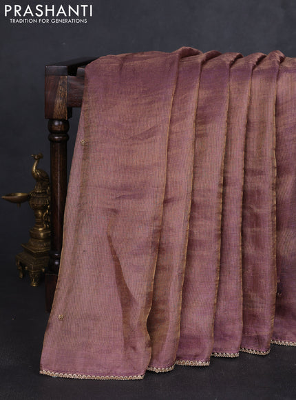 Tissue silk saree dual shade of purple with beaded work and lace work embroidery border