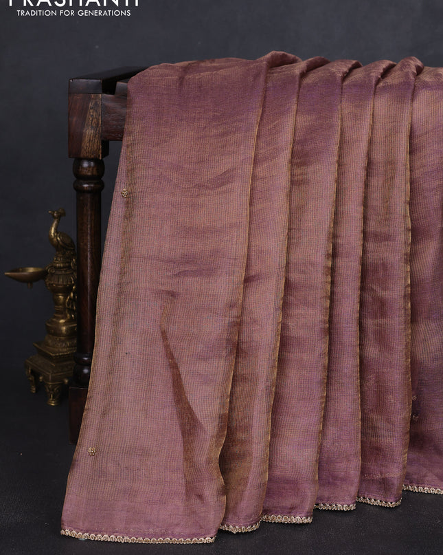 Tissue silk saree dual shade of purple with beaded work and lace work embroidery border