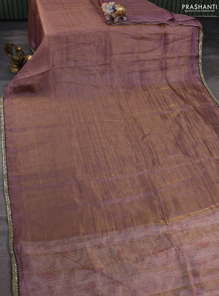 Tissue silk saree dual shade of purple with plain body and lace work embroidery border