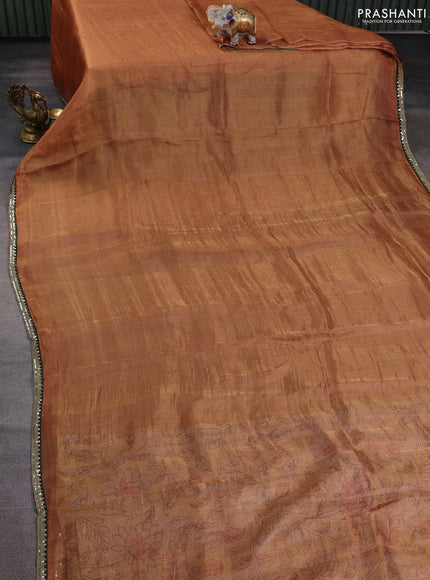 Tissue silk saree sandal with plain body and lace work embroidery border