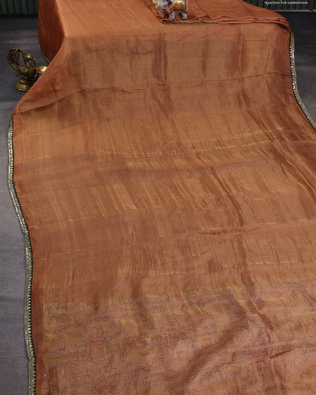 Tissue silk saree sandal with plain body and lace work embroidery border