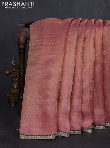 Tissue silk saree pastel pink with plain body and embroidery border