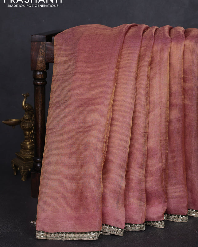 Tissue silk saree pastel pink with plain body and embroidery border