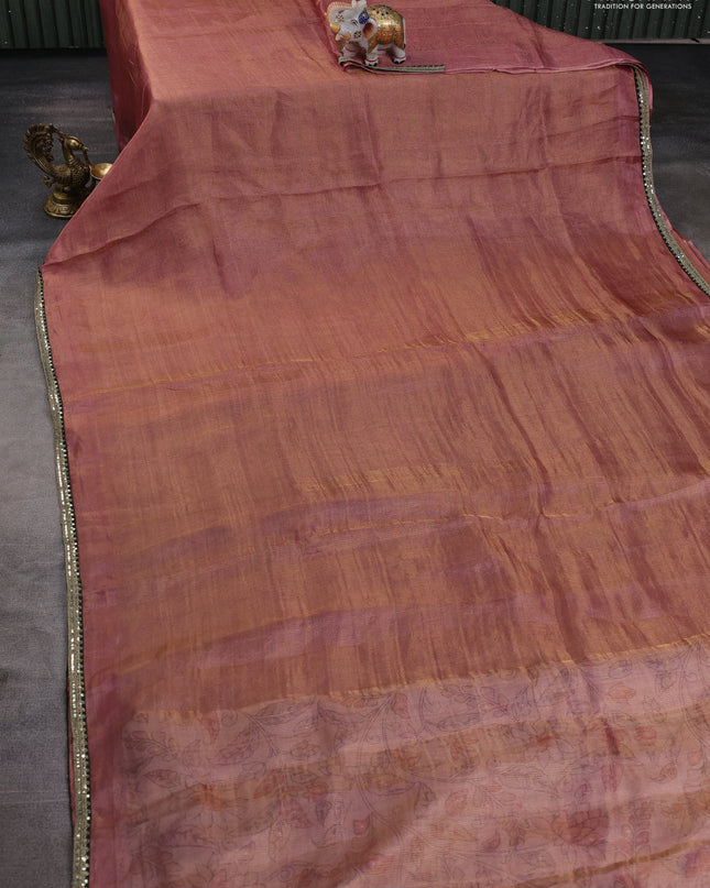 Tissue silk saree pastel pink with plain body and embroidery border