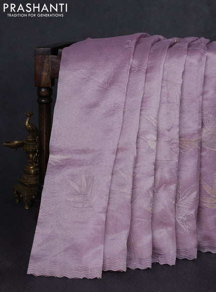 Tissue silk saree mild lavender with allover embroidery work and embroidery border