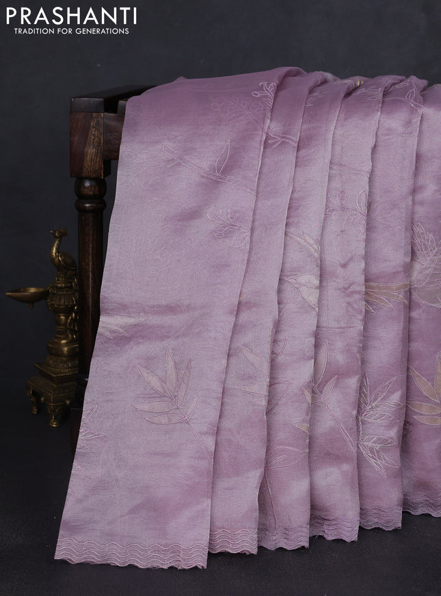 Tissue silk saree mild lavender with allover embroidery work and embroidery border