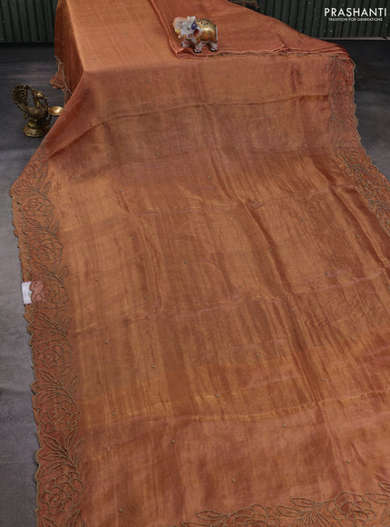 Tissue silk saree rust shade with beaded work and beaded work embroidery border