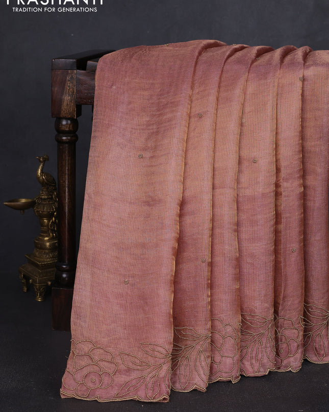 Tissue silk saree brown with beaded work and beaded work embroidery border