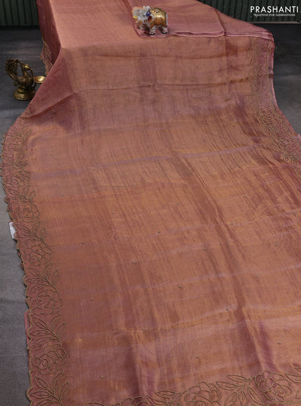 Tissue silk saree brown with beaded work and beaded work embroidery border