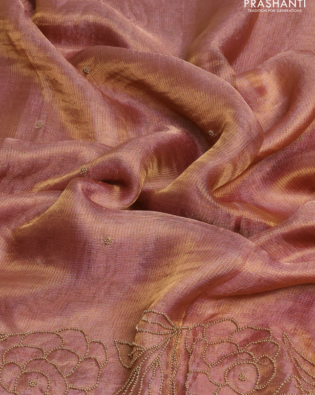 Tissue silk saree brown with beaded work and beaded work embroidery border