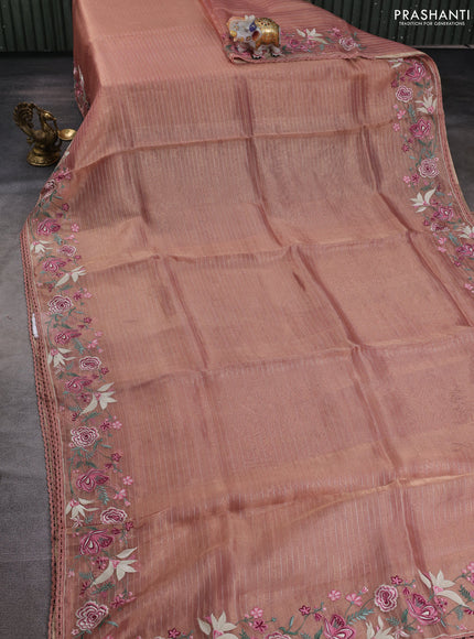 Tissue silk saree peach shade with allover zari weaves and kutch embroidery border