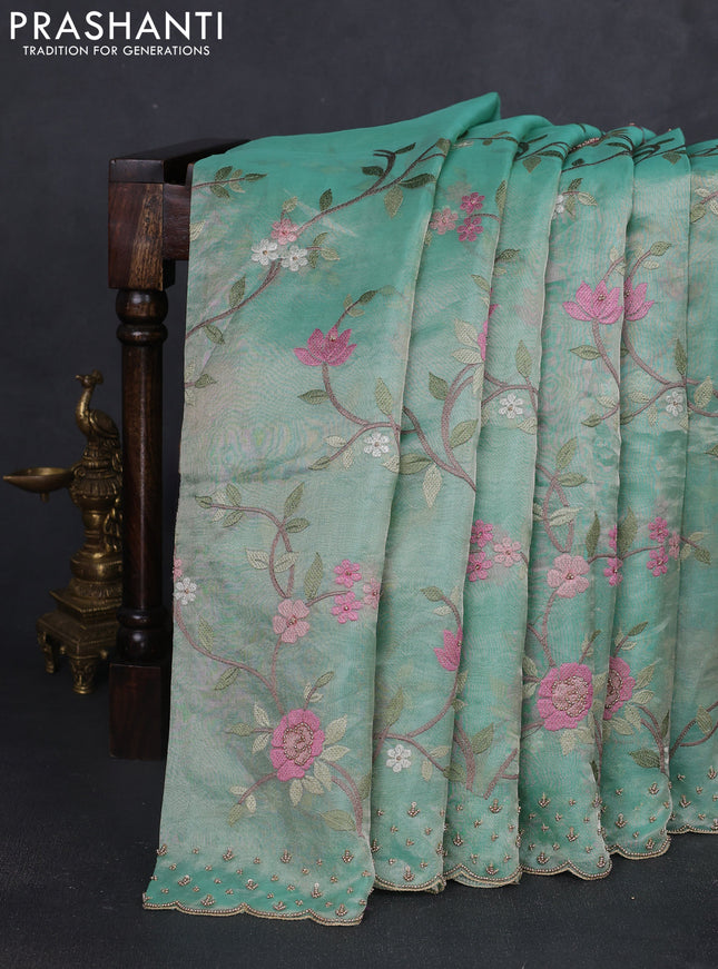 Tissue silk saree pastel green with allover embroidery work and beaded work border
