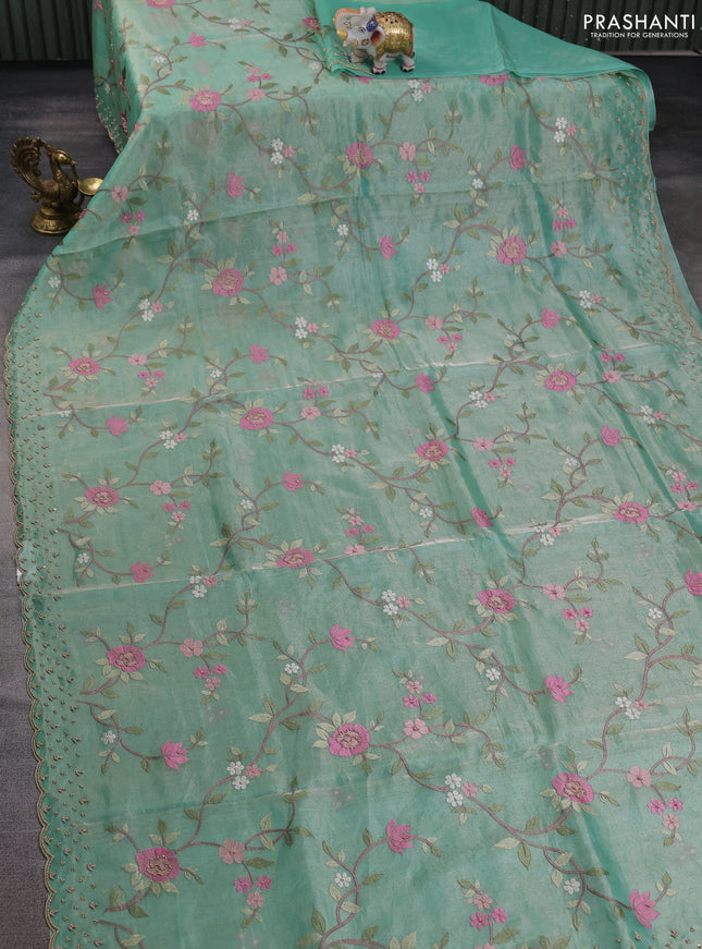 Tissue silk saree pastel green with allover embroidery work and beaded work border