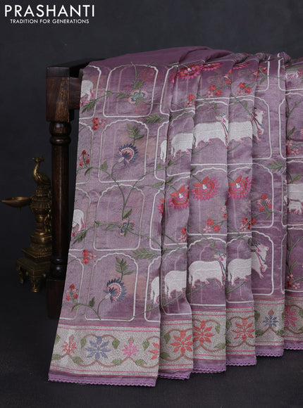 Tissue silk saree pastel purple with allover pichwai embroidery work and embroidery border