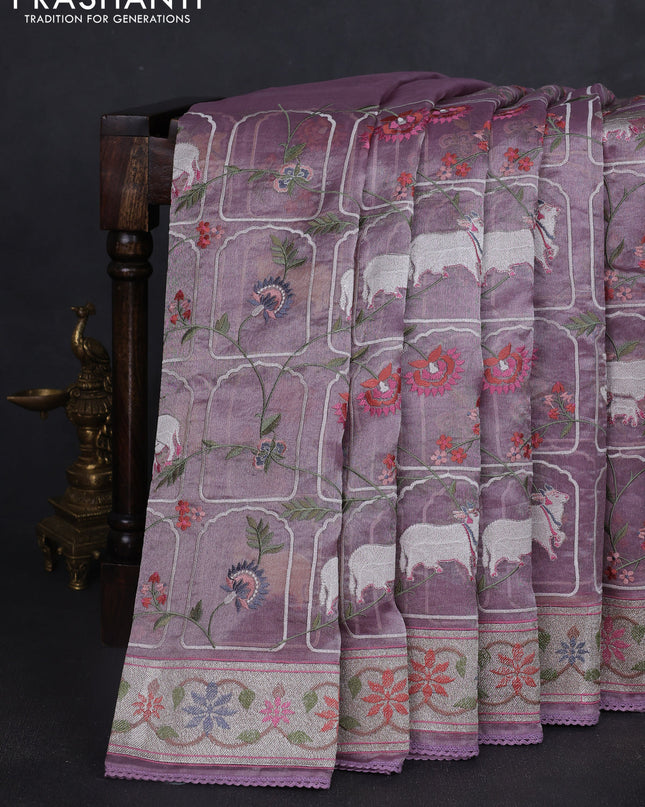 Tissue silk saree pastel purple with allover pichwai embroidery work and embroidery border