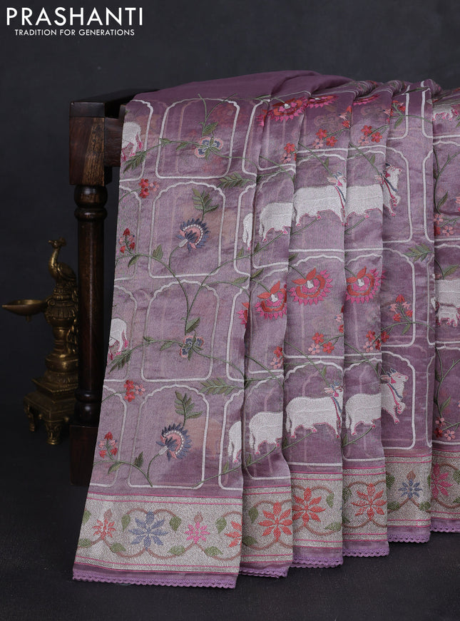 Tissue silk saree pastel purple with allover pichwai embroidery work and embroidery border