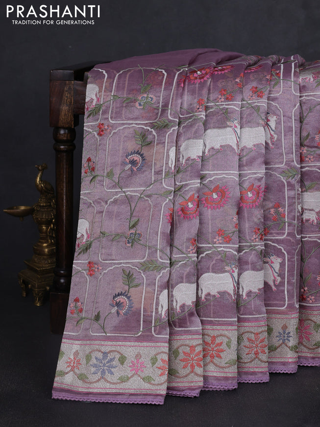 Tissue silk saree pastel purple with allover pichwai embroidery work and embroidery border