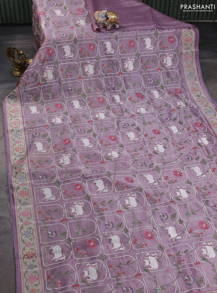 Tissue silk saree pastel purple with allover pichwai embroidery work and embroidery border