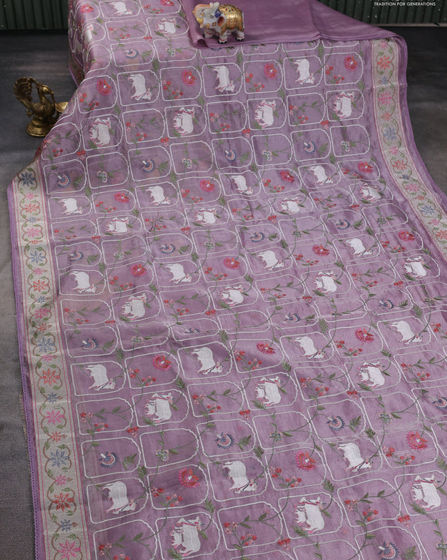Tissue silk saree pastel purple with allover pichwai embroidery work and embroidery border