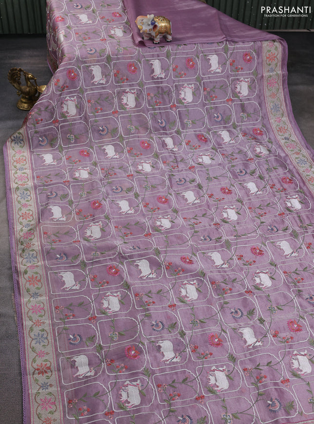 Tissue silk saree pastel purple with allover pichwai embroidery work and embroidery border