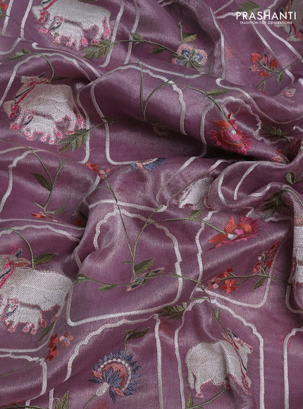 Tissue silk saree pastel purple with allover pichwai embroidery work and embroidery border