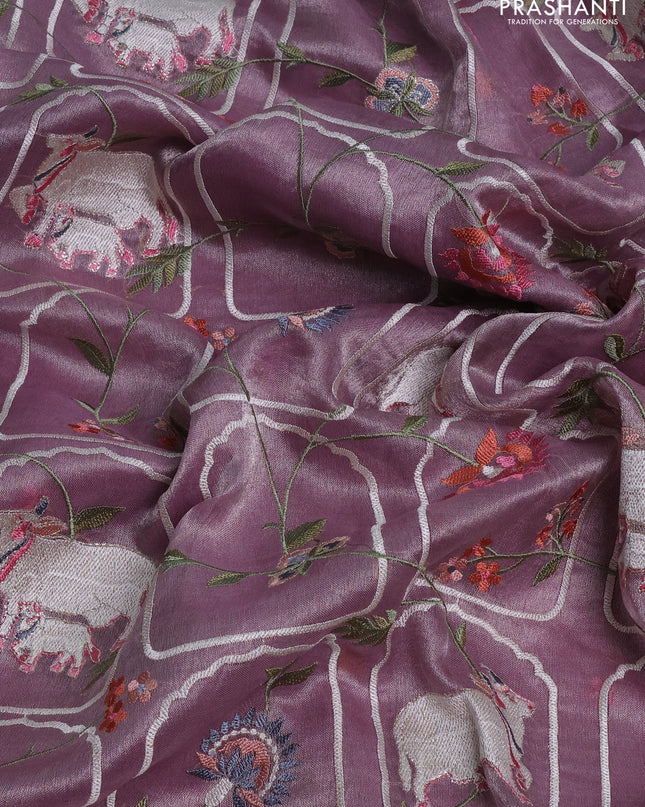 Tissue silk saree pastel purple with allover pichwai embroidery work and embroidery border