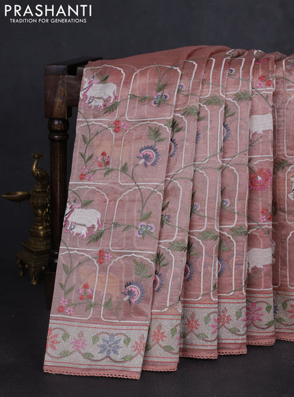 Tissue silk saree pastel pink with allover pichwai embroidery work and embroidery border