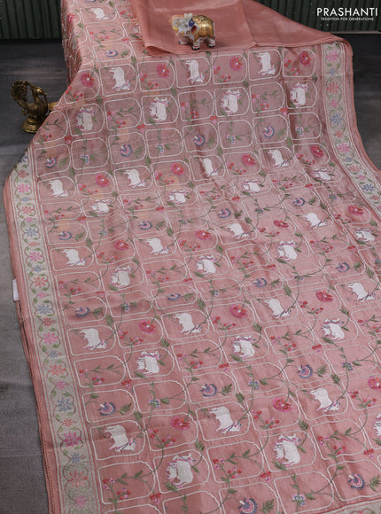Tissue silk saree pastel pink with allover pichwai embroidery work and embroidery border