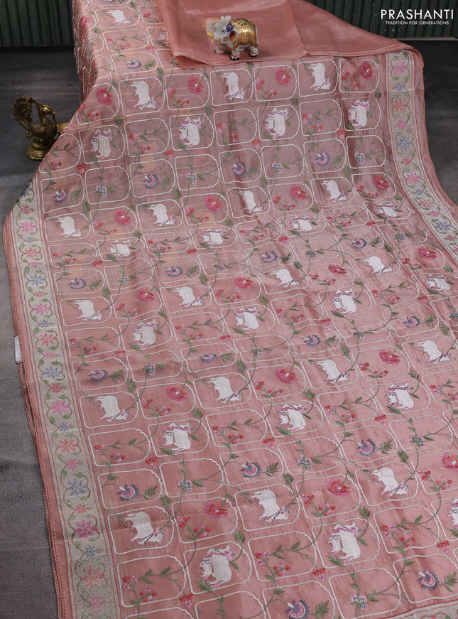 Tissue silk saree pastel pink with allover pichwai embroidery work and embroidery border