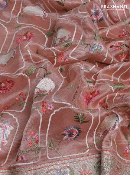 Tissue silk saree pastel pink with allover pichwai embroidery work and embroidery border
