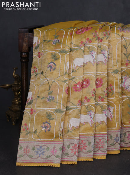 Tissue silk saree yellow with allover pichwai embroidery work and embroidery border