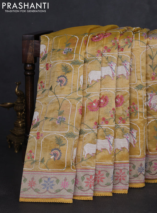 Tissue silk saree yellow with allover pichwai embroidery work and embroidery border