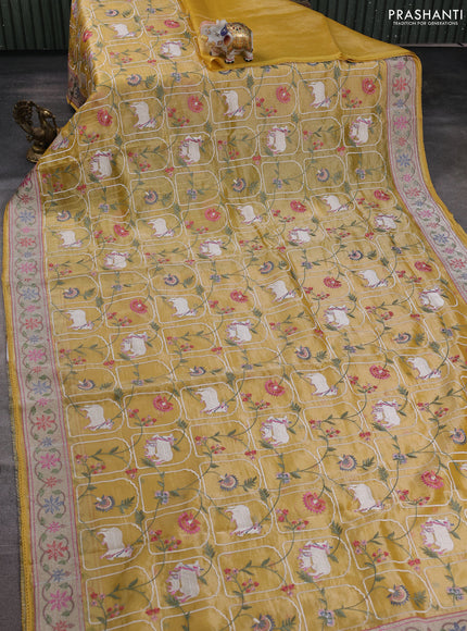 Tissue silk saree yellow with allover pichwai embroidery work and embroidery border