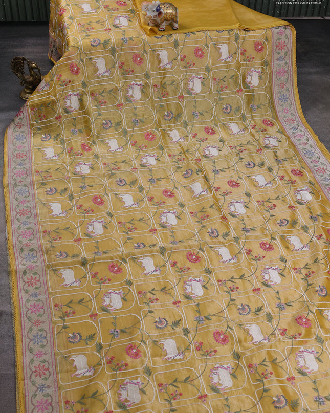 Tissue silk saree yellow with allover pichwai embroidery work and embroidery border
