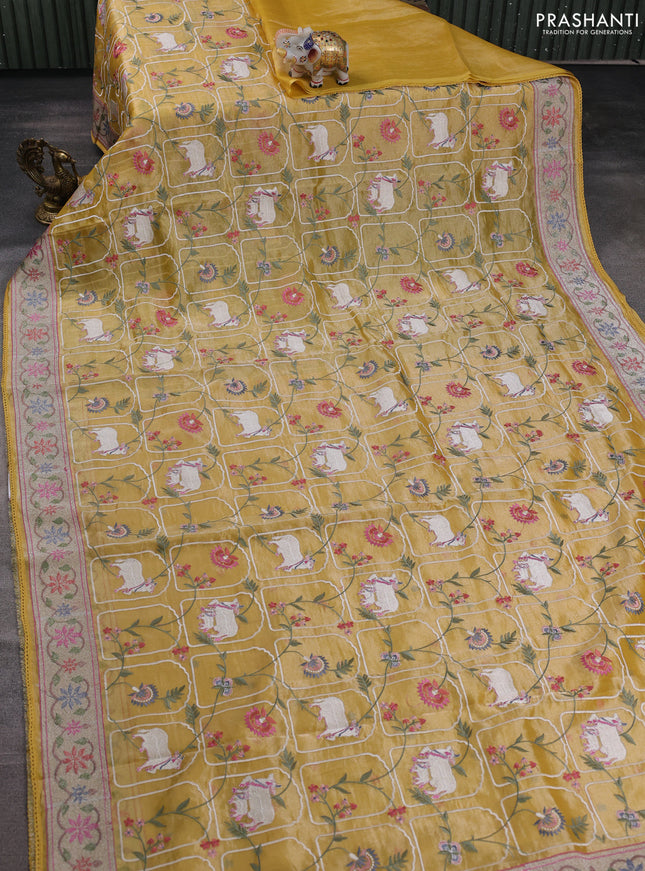 Tissue silk saree yellow with allover pichwai embroidery work and embroidery border