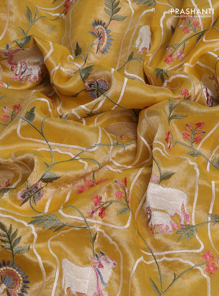 Tissue silk saree yellow with allover pichwai embroidery work and embroidery border
