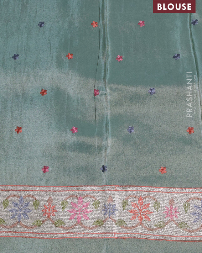 Tissue silk saree pastel green with allover pichwai embroidery work and embroidery border