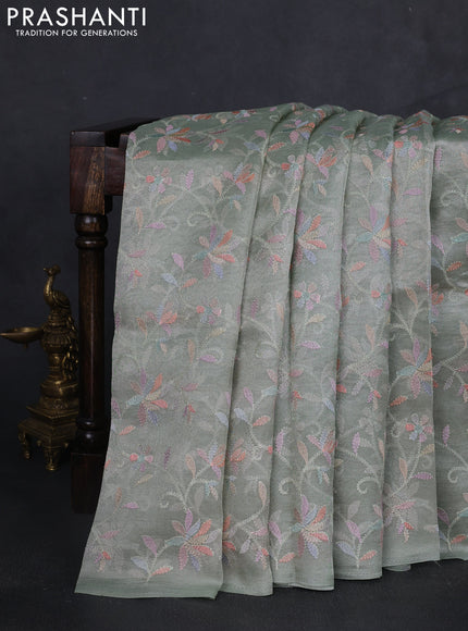 Tissue silk saree pastel green with allover embroidery work