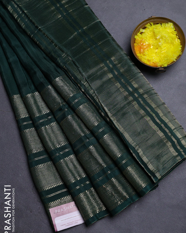 Semi mysore silk saree green and yellow with plain body and zari woven border