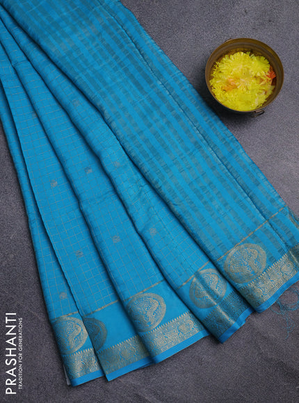 Semi mysore silk saree cs blue and navy blue with allover zari checks & buttas and zari woven butta border
