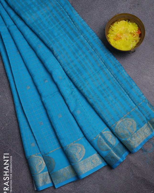 Semi mysore silk saree cs blue and navy blue with allover zari checks & buttas and zari woven butta border