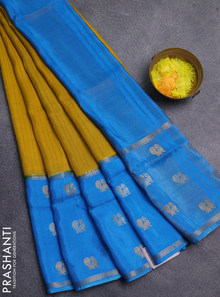 Semi mysore silk saree yellow and cs blue with allover zari stripe pattern and long zari woven butta border