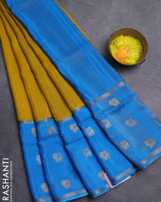 Semi mysore silk saree yellow and cs blue with allover zari stripe pattern and long zari woven butta border