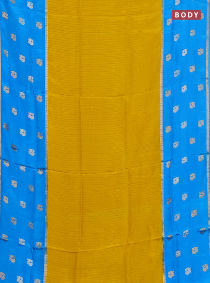 Semi mysore silk saree yellow and cs blue with allover zari stripe pattern and long zari woven butta border