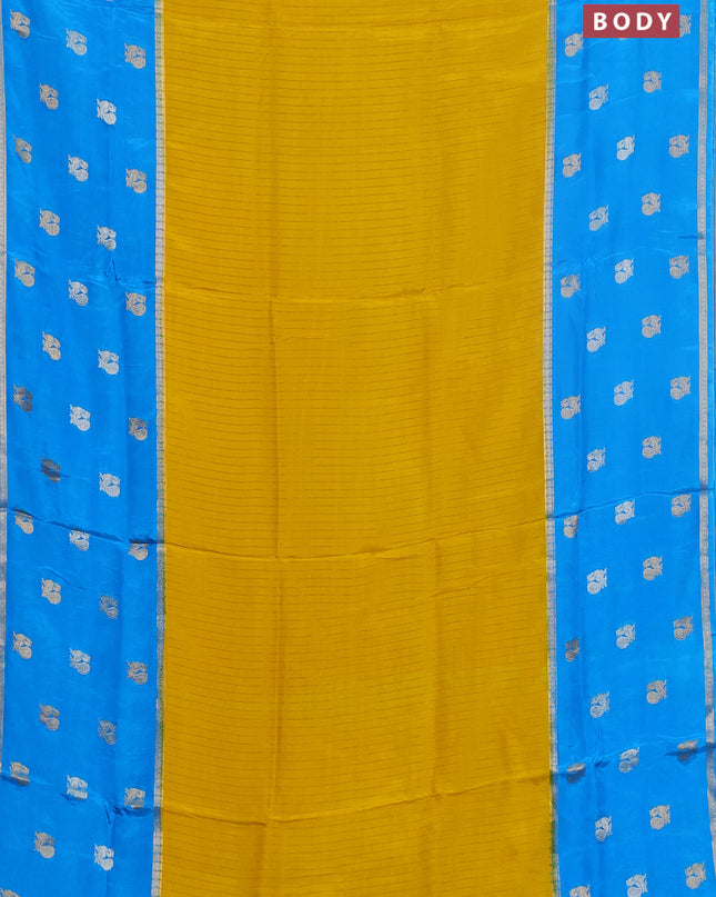 Semi mysore silk saree yellow and cs blue with allover zari stripe pattern and long zari woven butta border