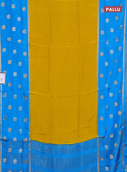 Semi mysore silk saree yellow and cs blue with allover zari stripe pattern and long zari woven butta border