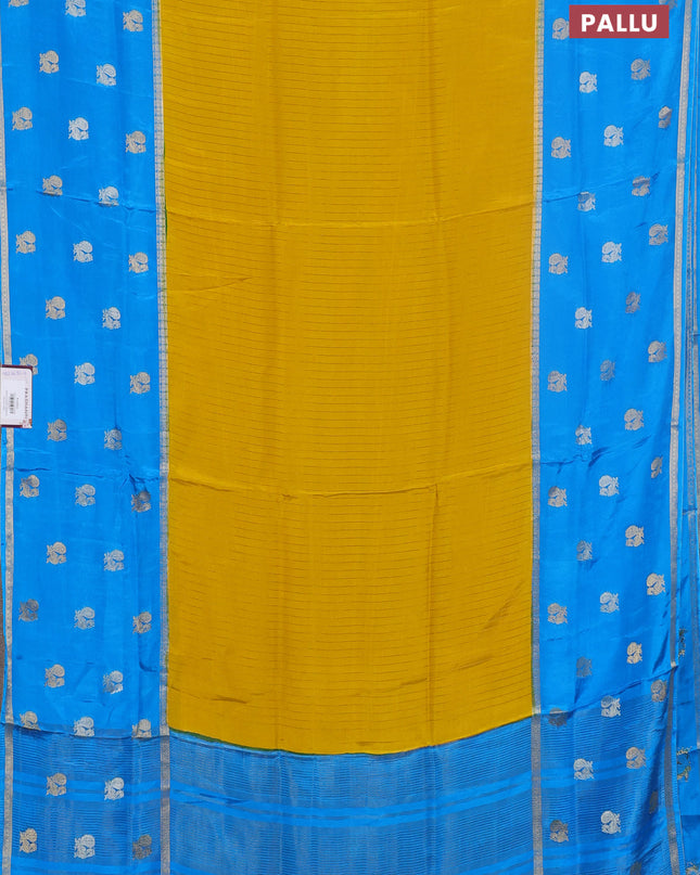 Semi mysore silk saree yellow and cs blue with allover zari stripe pattern and long zari woven butta border