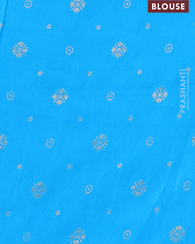 Semi mysore silk saree yellow and cs blue with allover zari stripe pattern and long zari woven butta border