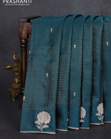 Banarasi silk saree peacock blue with allover zari woven brocade weaves and embroidery pallu & zari woven butta border