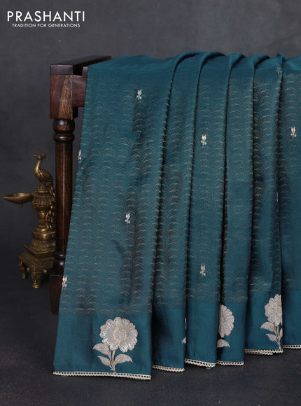 Banarasi silk saree peacock blue with allover zari woven brocade weaves and embroidery pallu & zari woven butta border